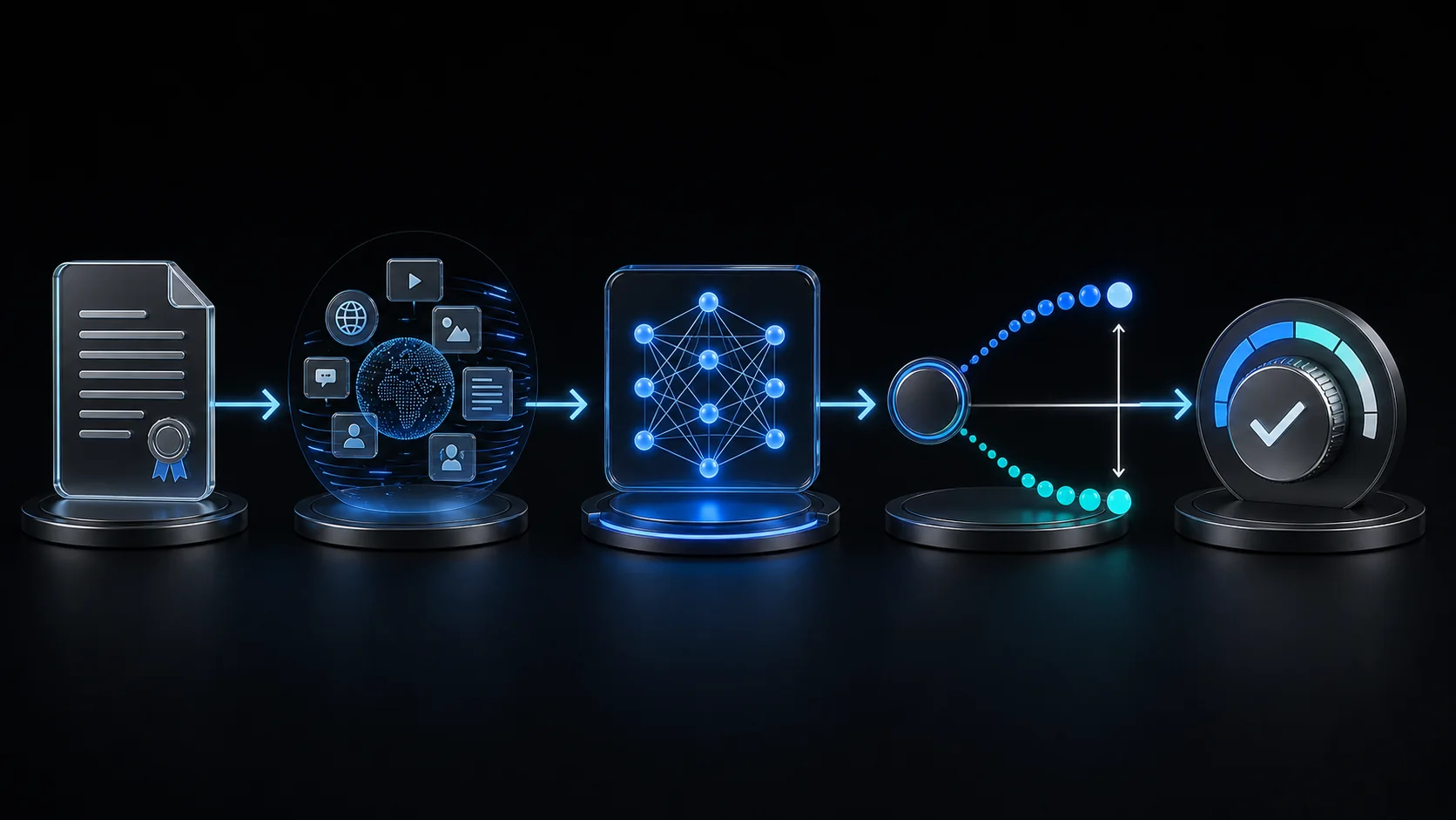 Five-step prediction market AI workflow from contract rules and evidence to forecast comparison and a human risk decision
